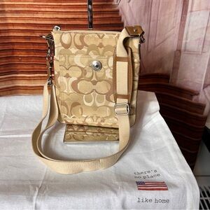 Coach Tan Crossbody Bag, Canvas and Leather, adjustable strap, excellent